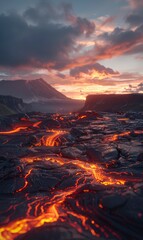 Abstract Volcanic Landscape With Lava Rivers,Photorealistic HD