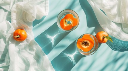 Two glasses of water accompanied by halves of persimmon fruits, arranged on a pastel background with a white cloth and bathed in sunlight. This composition embodies the concept of summer drinks