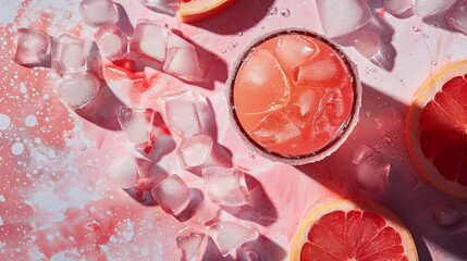 A high-angle shot of a bloody margarita cocktail made with grapefruit juice, placed on a table next to ice cubes on a sunny summer day.