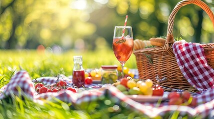 A close-up of a picnic setup featuring food, drinks, and a picnic basket arranged on a blanket in the grass at a summer park, highlighting the leisure and eating concept.