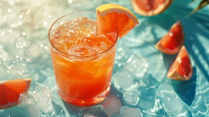 A high-angle shot of a bloody margarita cocktail made with grapefruit juice, placed on a table next to ice cubes on a sunny summer day.