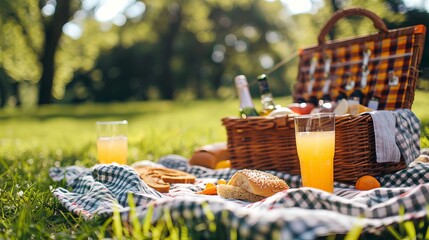 A close-up of a picnic setup featuring food, drinks, and a picnic basket arranged on a blanket in the grass at a summer park, highlighting the leisure and eating concept.