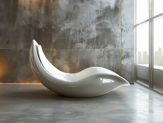 A modern, white lounge chair in an industrial-style room with concrete walls and large windows, concept of contemporary interior design.  Generative AI
