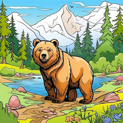 coloring book for kids coloring bear in the landscape