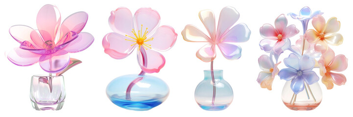 3D transparent holographic glass of flowers png on transparent background