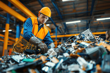 Worker disassembling old electronics, sorting components for e-waste recycling.