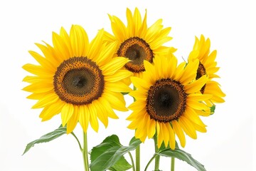 Realistic photograph of a complete Sunflowers,solid stark white background, focused lighting