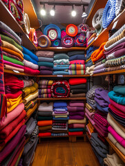 A store with shelves full of colorful fabrics, fabric rolls and various patterns of cloth in different colors