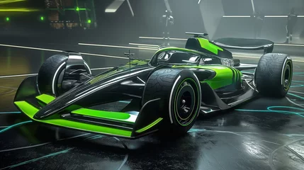 Rolgordijnen zonder boren Show car. Striking green and black Formula One car on display. Presentation of fast car for racing © master1305