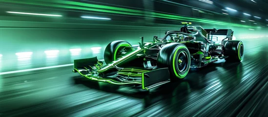 Rolgordijnen zonder boren Black and green race car zooms through dark tunnel, leaving alur of light in its wake. Motion blur effect. © master1305