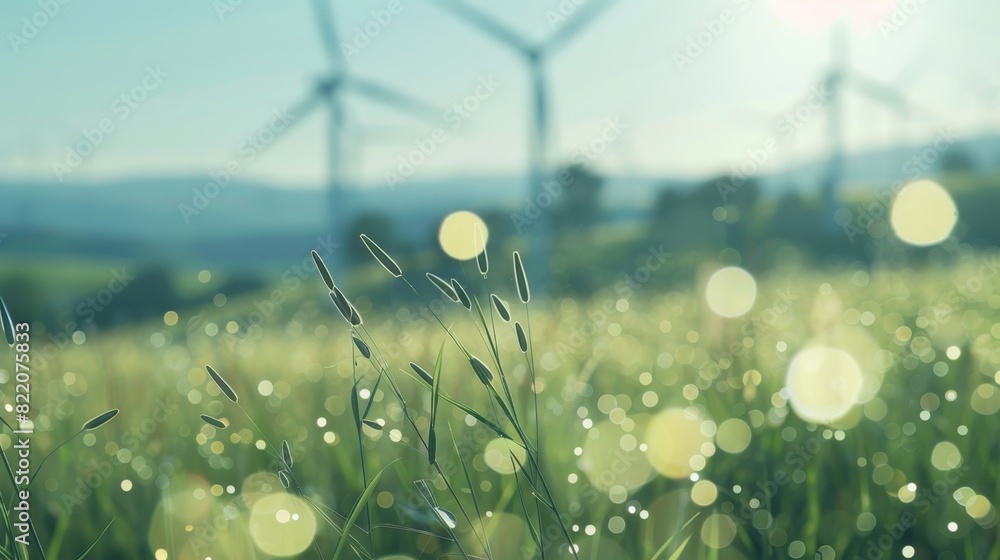 Poster a peaceful countryside with wind turbines in the background alluding to the potential for blockchain