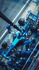 Rolgordijnen zonder boren Pit crew precision. Team in blue suits works meticulously on race car during pit stop. Top view of synchronized efforts of crew. © master1305