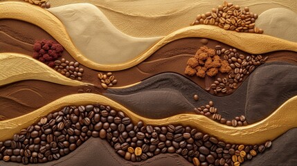 Fototapeta premium A textured abstract design with layers resembling waves made of coffee beans, chocolates, and various spices on a textured background.