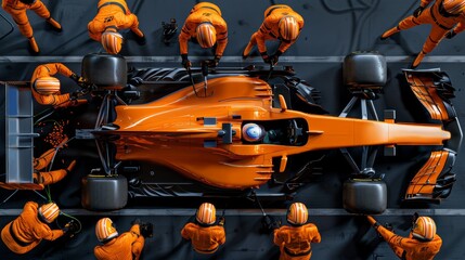 High-angle view captures crew in orange suits working swiftly on race car. team's actions precision and coordination essential for successful pit stop.