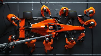 High-angle view captures crew in orange suits working swiftly on race car. team's actions precision and coordination essential for successful pit stop.