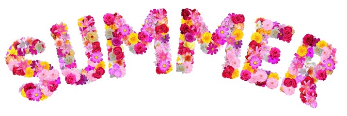 arched word "summer" with various colorful flowers