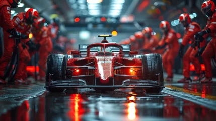  Race car pulls into pit lane on wet track, surrounded by focused pit crew in red suits. Team's swift and precise maintaining race performance. © master1305
