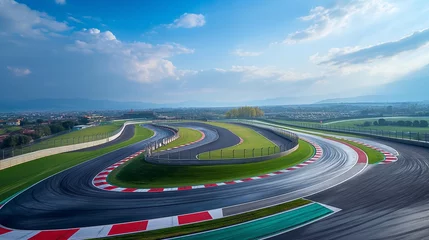  Detailed aerial photo of race track with red and white curbstones surrounding landscape includes green fields. © master1305