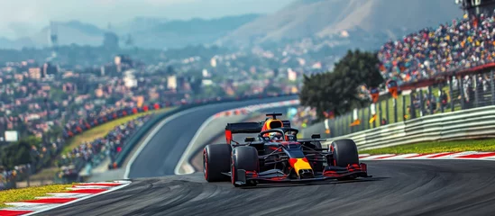Selbstklebende Fototapeten Dinami8c shot of driver races red formula one car on winding racetrack. Grandstands in background blur of motion. © master1305
