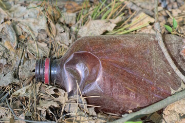 garbage from one big brown plastic bottle lies on gray dry grass and leaves on nature