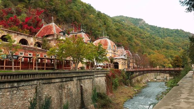 Historical "Neptune" Imperial Baths and Podul de Fonta on River Cerna in Baile Herculane, Romania