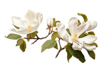 Obraz premium Dancing Blossoms: Two Ethereal White Flowers Amidst Vibrant Green Leaves on a Clear PNG or White Background.