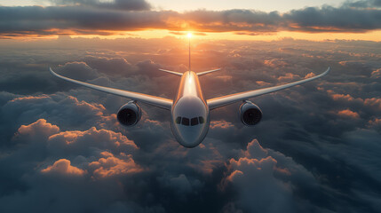 A plane flying above the clouds during sunset, showcasing a smooth, polished look against a...