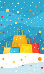 Fototapeta premium The background is blue, with colorful shopping bags on the snow and polka dots in bright colors. It features flat illustrations, simple lines, minimalism, and high-definition vector graphics. 