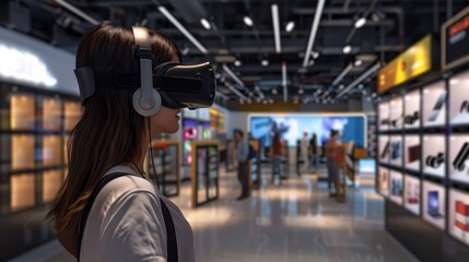 A virtual reality experience in a retail store allowing customers to explore a virtual marketplace where they can purchase products using digital coins.
