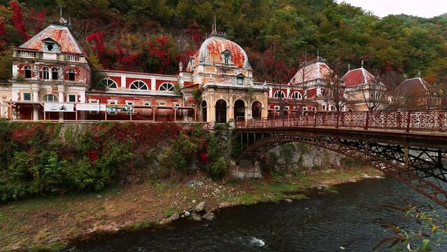 Historical "Neptune" Imperial Baths and Podul de Fonta on River Cerna in Baile Herculane, Romania
