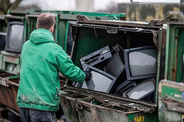 Man dropping off old devices at e-waste recycling center, environmental sustainability.