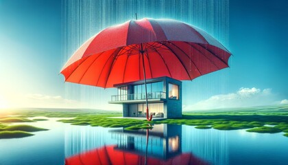 A house under a large red umbrella in a surreal landscape with water and grass, symbolizing protection and insurance, during daylight.  Generative AI