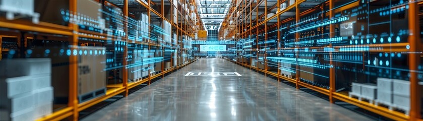 Modern warehouse with organized shelving and boxes, featuring advanced lighting and spacious aisles, perfect for logistics and storage solutions.