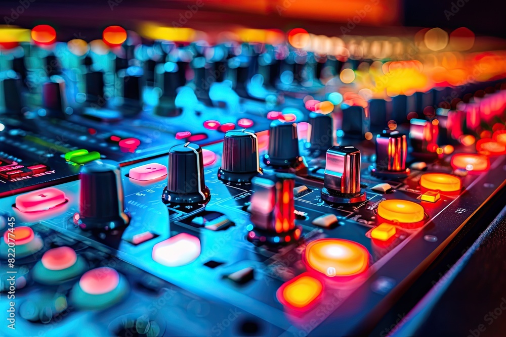 Poster a colorful array of buttons and knobs on a sound board. the buttons are lit up in various colors, cr