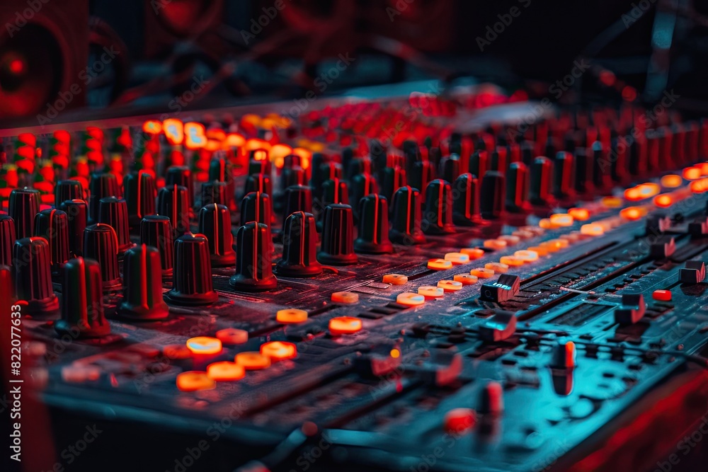Poster a black and red electronic instrument panel with a red and orange glow. the instrument panel is a mi