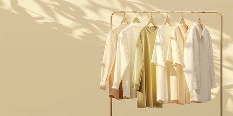 Several pieces of clothing hanging on a rack, light shadows on beige background, minimalistic style, fashion display.  Generative Ai