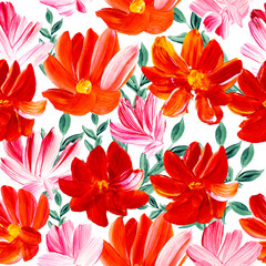 Seamless pattern of abstract red and pink flowers, original hand drawn, impressionism style, color texture, brush strokes of paint, art background