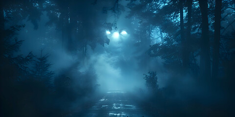 Naklejka premium A spooky Halloween night with frightening faces appearing in the shadows, illuminated by moonlight and fog.