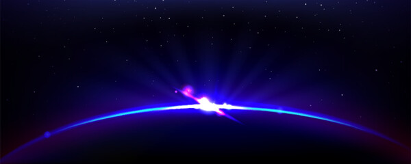 Fototapeta premium Purple planet and sun eclipse light on space horizon bg. Abstract blue sunrise in starry sky with flare at night. Bright astronomy edge shine view. 3d fantasy solar ray outer realistic effect