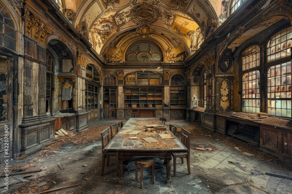 Poster a large room with a table and chairs in the middle. the room is empty and has a very old and worn lo