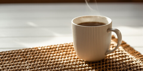 A steaming cup with a hot drink in the sunlight on the table. Morning tea or coffee.