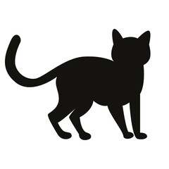 Silhouette of a cat sitting sideways flat style isolated on a white background. Flat vector cartoon textured illustration of a cat looking up. Funny friendly pet sitting pet.