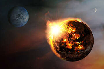 Apocalyptic abstract background with a burning planet . Elements of this image furnished by NASA.
