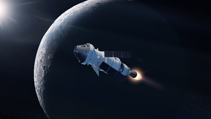 Sci-fi wallpaper. Orion spacecraft flies in outer space on orbit of Moon. Expedition to Moon....