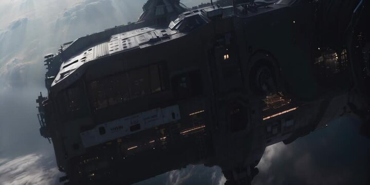 AI-generated massive battle-damaged spacecraft drifting in space, digitally created sci-fi scene with detailed industrial vessel design and atmospheric nebula background, synthetic space Anamorphic 4K