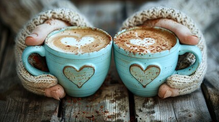 Two cups of coffee with hearts on them are being held by two people. The cups are blue and white, and the hearts are made of chocolate. Concept of warmth and comfort - Powered by Adobe