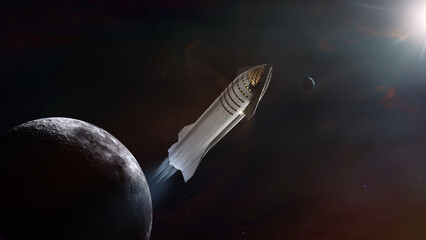 Heavy Starship take off mission on Moon background. Elements of this image furnished by NASA.
