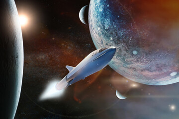 Starship taking off on a mission on background of alien planets in the outer space. Elements of this image furnished by NASA.