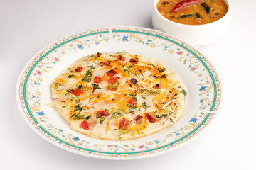 Masala Uttappam with sambhar, a south Indian healthy breakfast or teatime snack