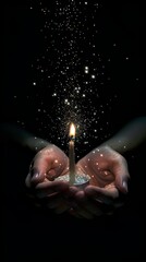 hands holding sparkling candle, black background